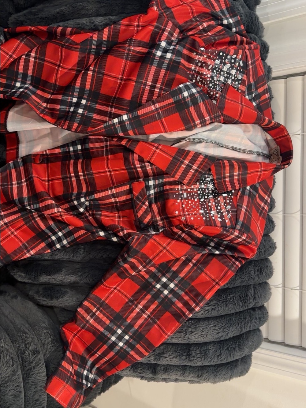 Red Plaid Button-Down Shirt Jacket with Stud Detail